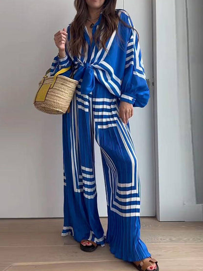 Long Sleeves Striped Blouse& Pleated Wide- Leg Pants Set