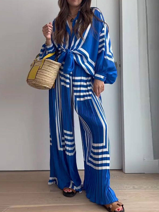 Long Sleeves Striped Blouse& Pleated Wide- Leg Pants Set