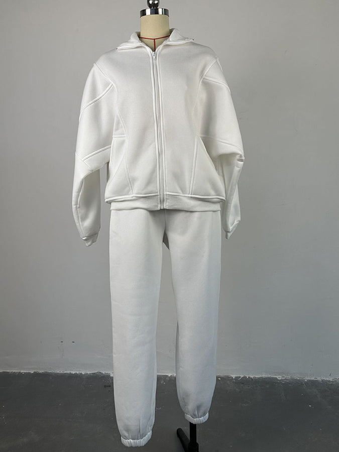 Plush Standing Collar Long Sleeved Sweatshirt and Pants Suit