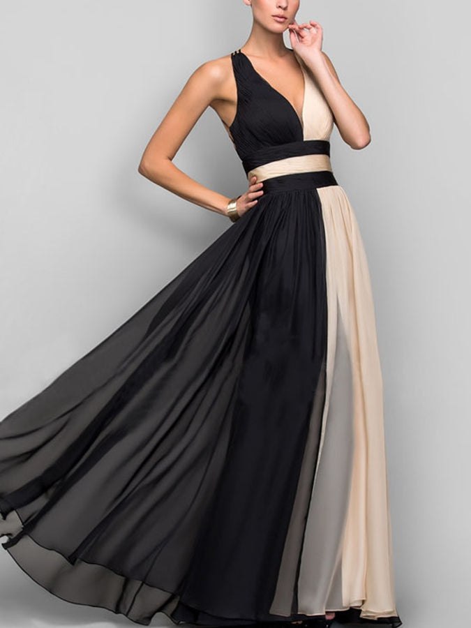 Slim and Contrast Color Sleeveless Long Dress