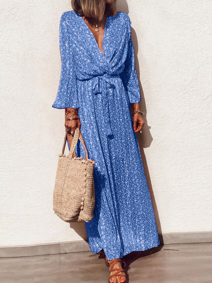 V Neck Long Sleeves Printed Maxi Dress