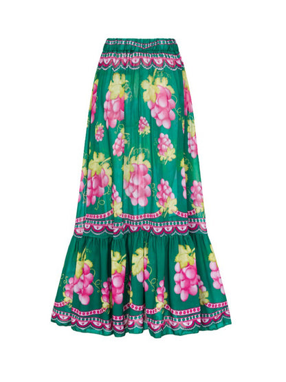 Ruffled Deep V Retro Green Grapes Print One Piece Swimsuit and Skirt