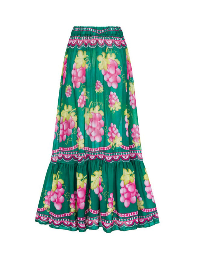 Ruffled Deep V Cutout Retro Green Grapes Print One Piece Swimsuit and Skirt