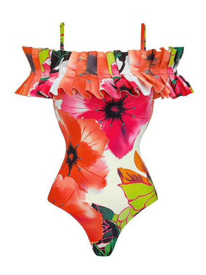 Ruffled Printed One Piece Swimsuit and Skirt