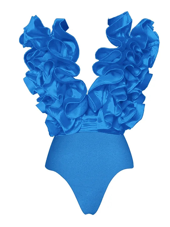 Frilled V Neck One Piece Swimsuit and Skirt