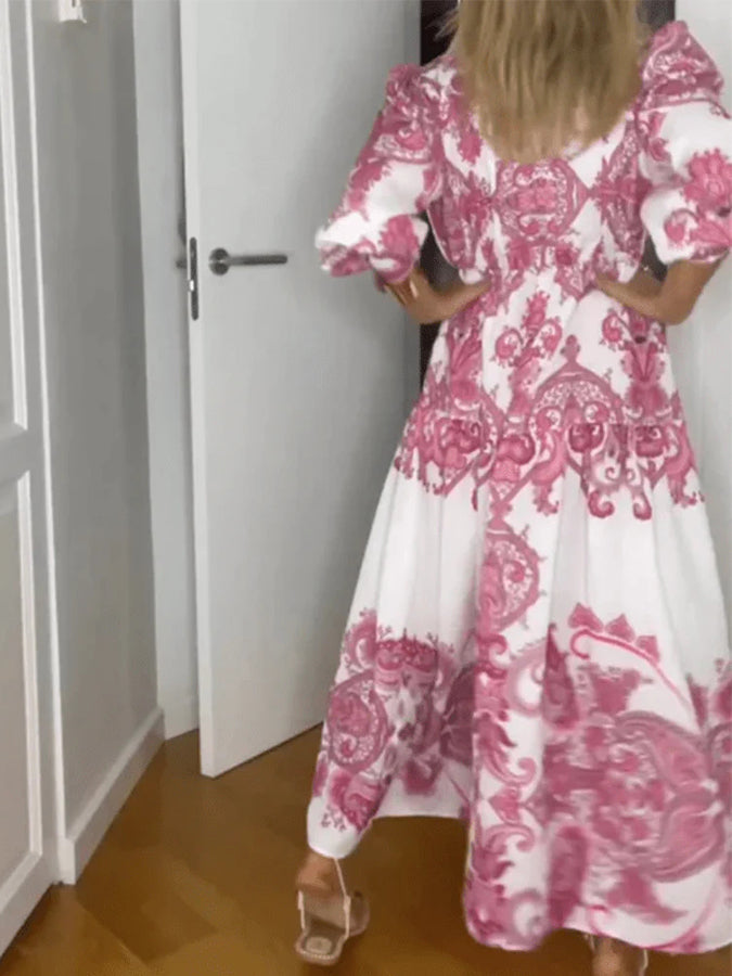 Tribal Printed V Neck Long Sleeves Maxi Dress
