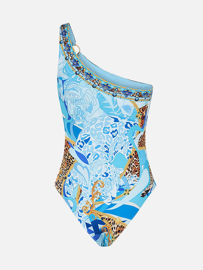 Tiger Printed One Shoulder One Piece and Pants Swimwear