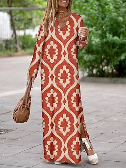 Long Sleeves Geometric Printed V Neck Maxi Dress