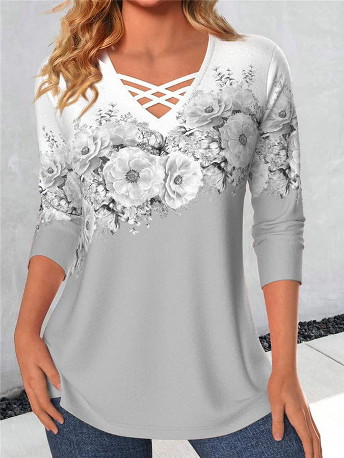 Long Sleeves Printed V Neck T-shirt