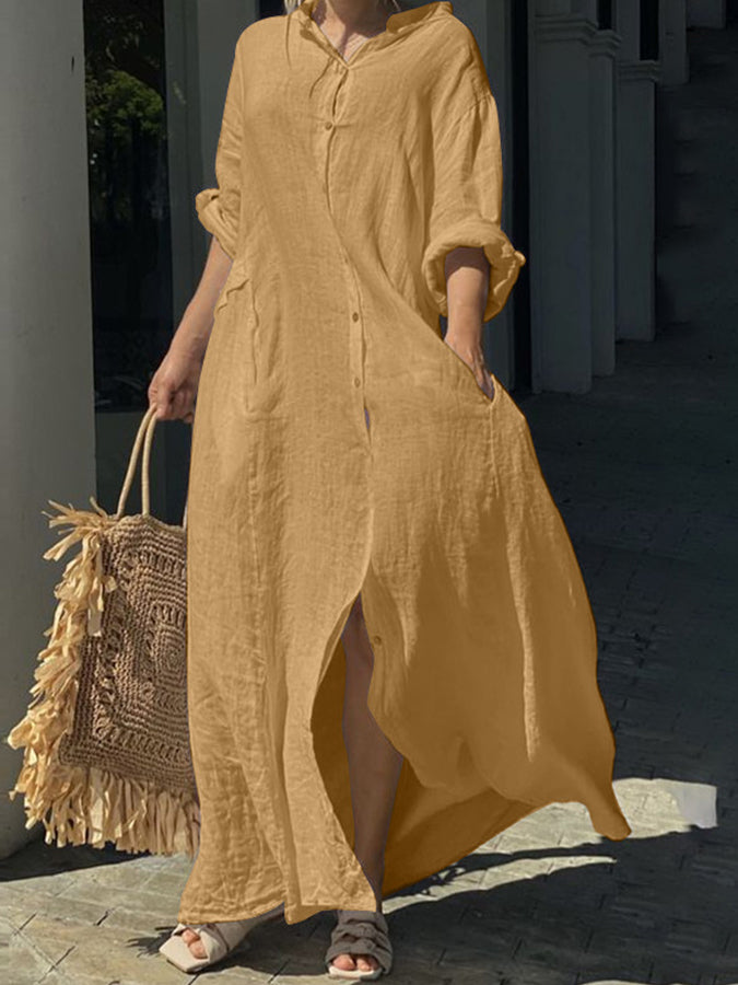 Long Sleeves Shirt Collar Buttoned Maxi Dress