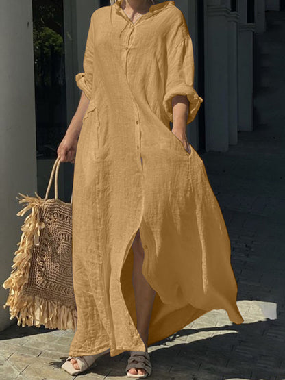 Long Sleeves Shirt Collar Buttoned Maxi Dress
