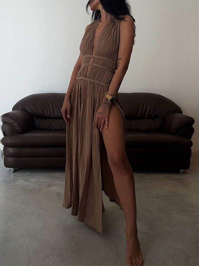 Linen-blend Slit V Neck Maxi Dress