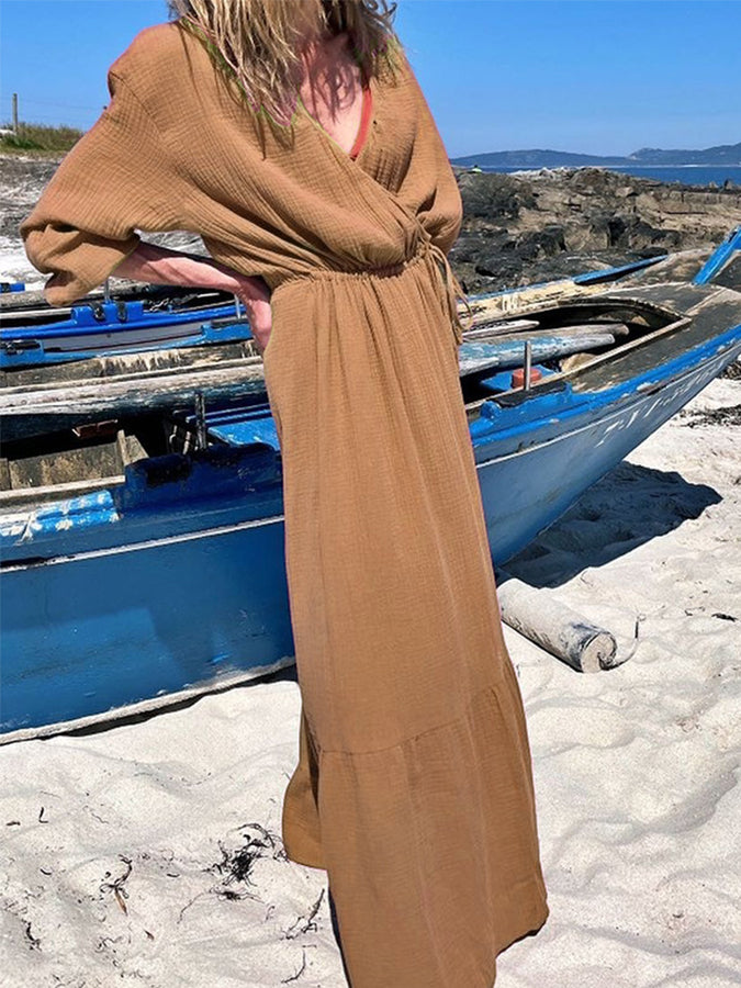 V Neck Long Sleeves Loose Maxi Dress