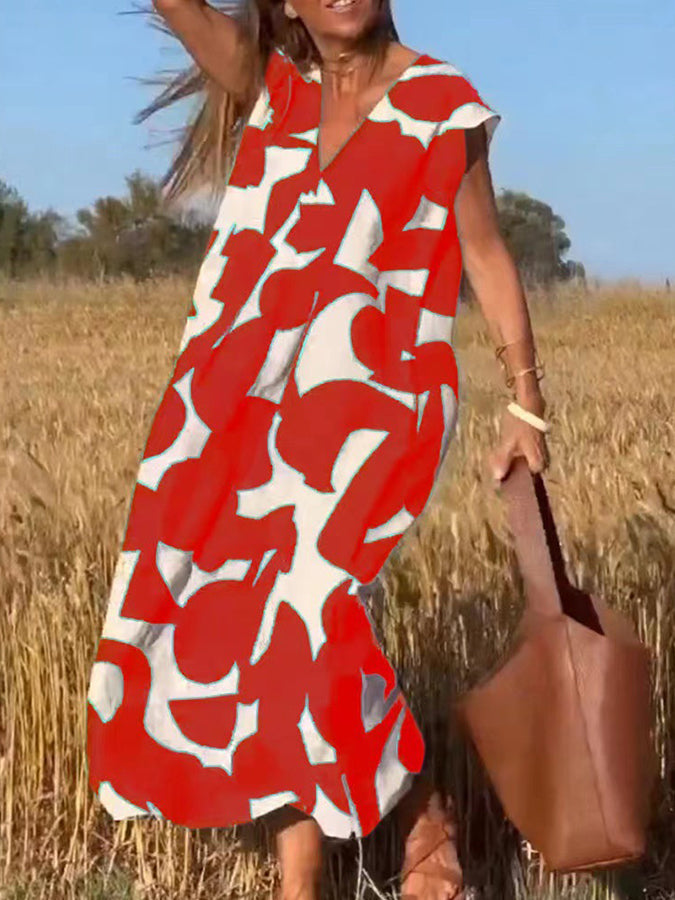V Neck Short Sleeves Geometric Printed Maxi Dress