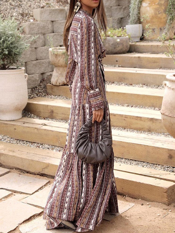 Long Sleeves Geometric Printed Maxi Dress