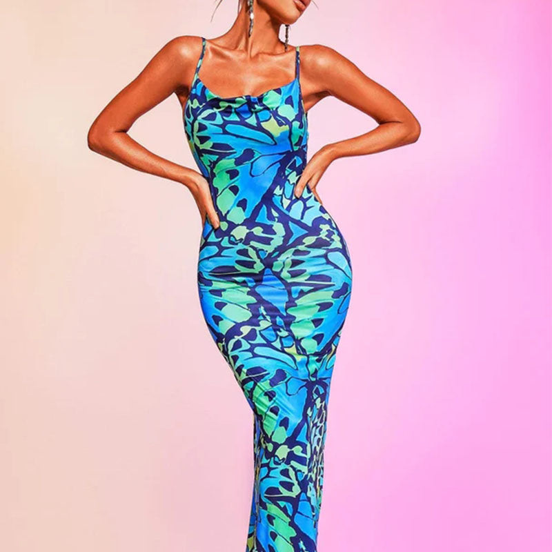 Backless Butterfly Printed Maxi Dress
