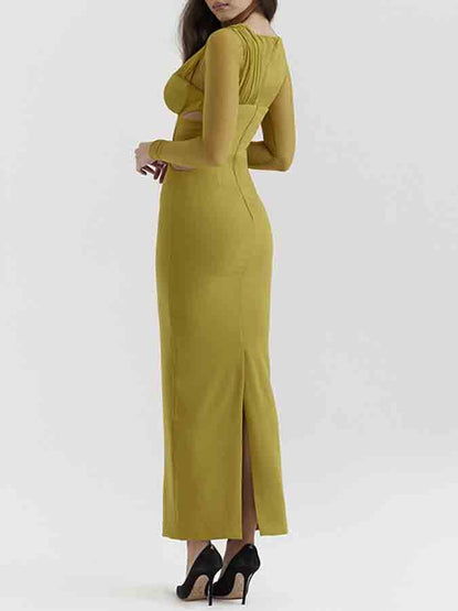 Long-sleeved Mesh Spliced v-neck Slim Long Dress