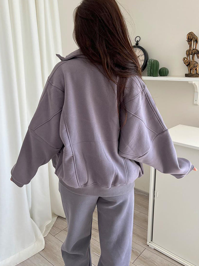 Plush Standing Collar Long Sleeved Sweatshirt and Pants Suit