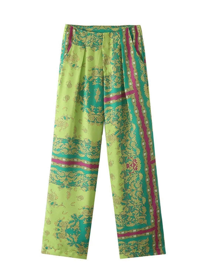 Green Printed Two Piece Shirt and Pants Set