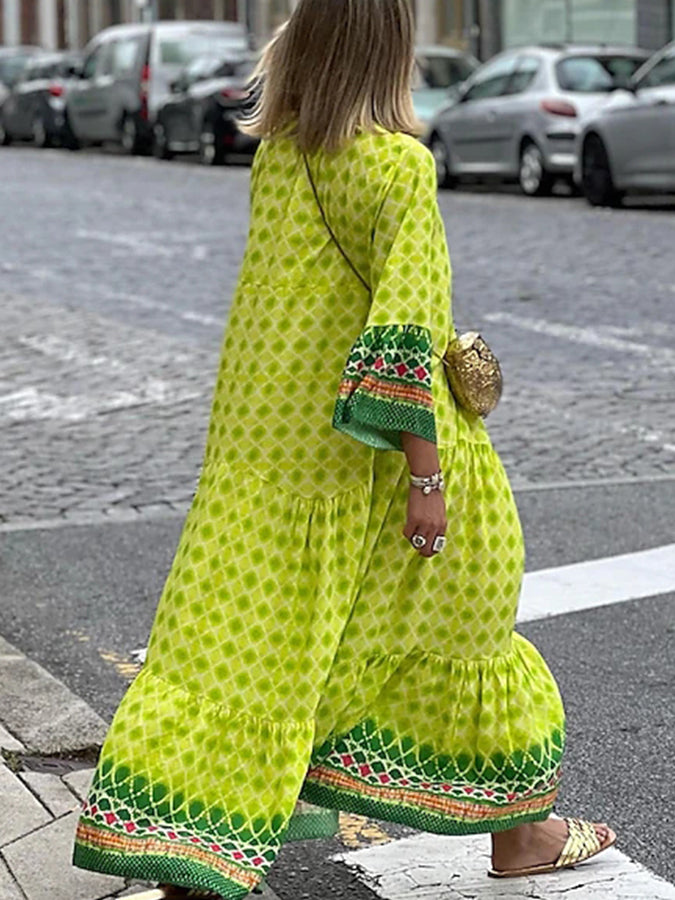 Tribal Long Sleeves Printed Loose Maxi Dress