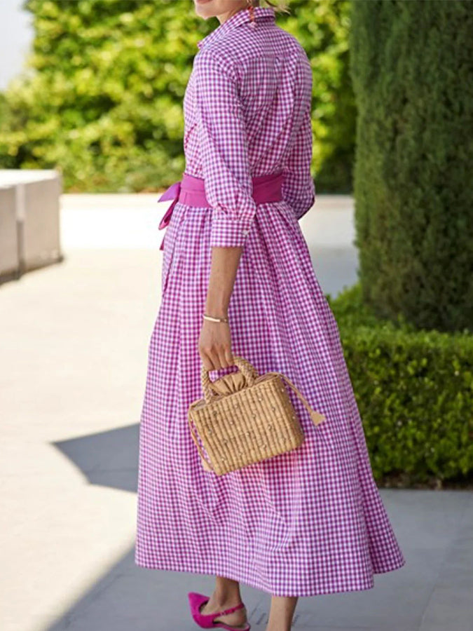 Long Sleeves Plaid Shirt Maxi Dress