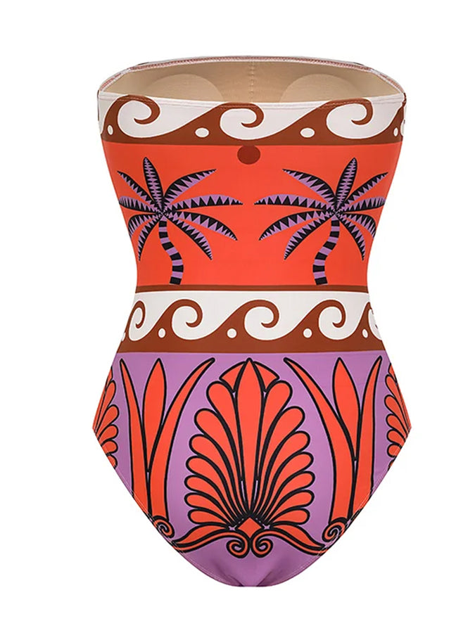 Off Shoulder Printed One Piece Swimsuit and Skirt