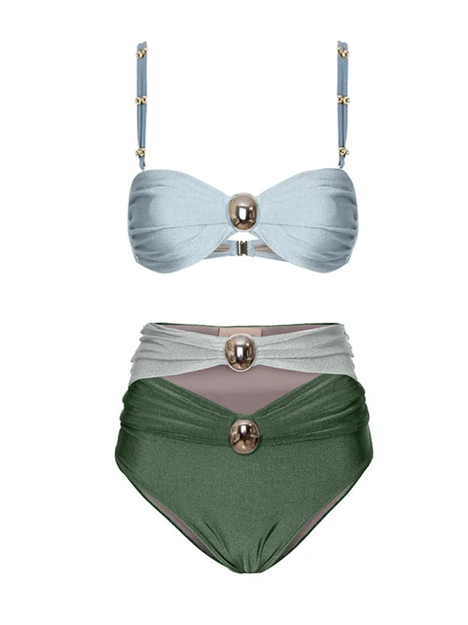 Sling Color Block Cutout High Waist Bikini Swimsuit and Skirt