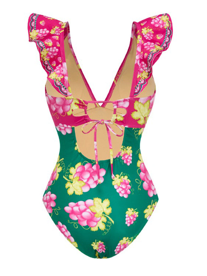 Ruffled Deep V Retro Green Grapes Print One Piece Swimsuit and Skirt
