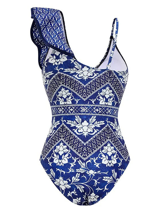 Asymmetrical Ruffle Printed One Piece Swimsuit and Skirt