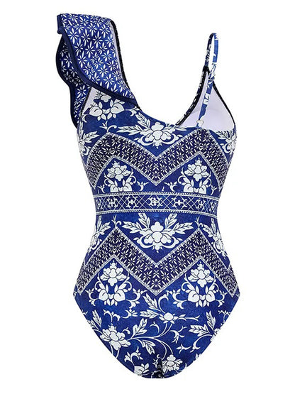 Asymmetrical Ruffle Printed One Piece Swimsuit and Skirt