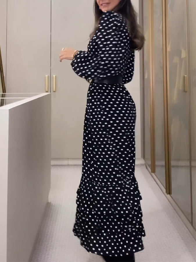 Black Polka Dots Printed Long Sleeves Cake Maxi Dress