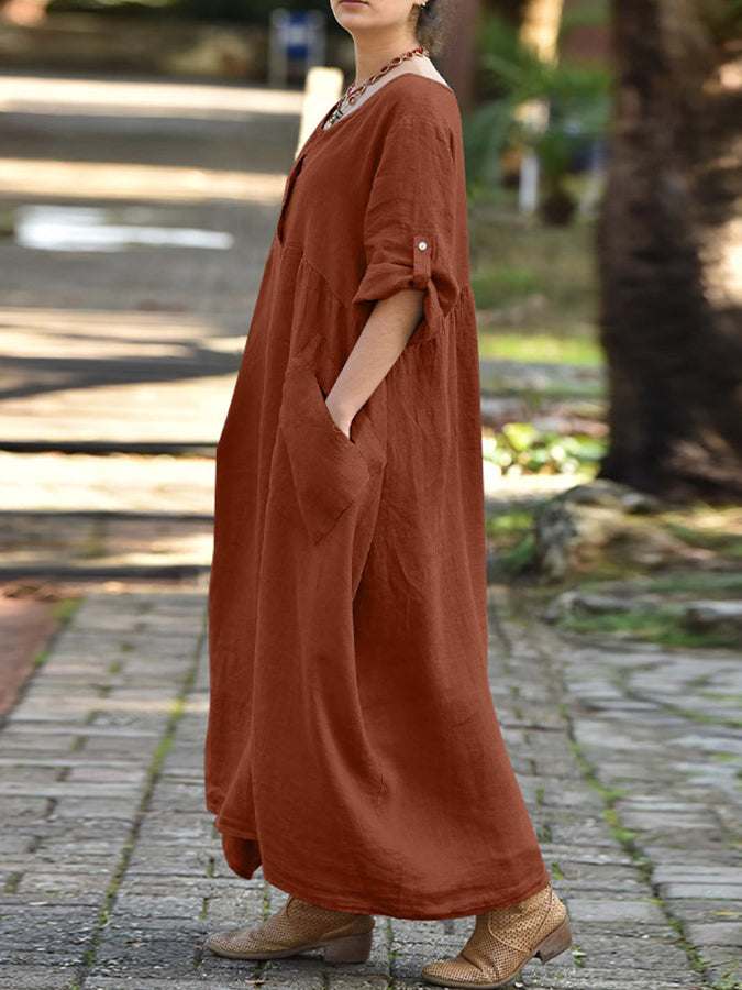 Round Neck 3/4 Sleeves Maxi Dress