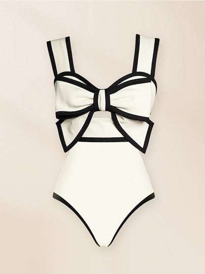 Black and White Bow Decor One Piece Swimsuit and Skirt