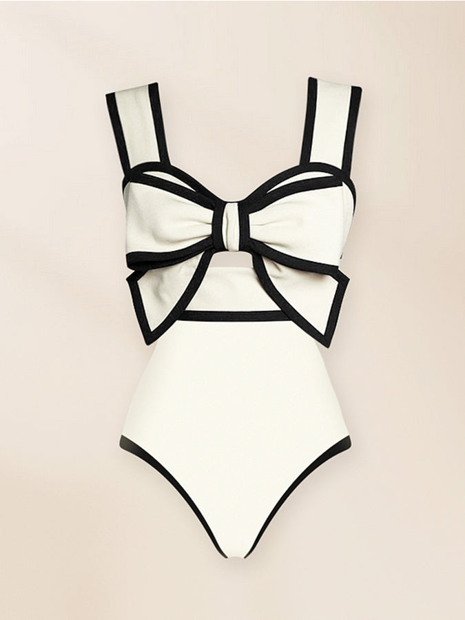 Black and White Bow Decor One Piece Swimsuit and Skirt