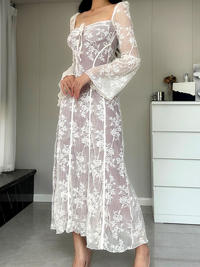 Lace Long Sleeves Croset Maxi Dress