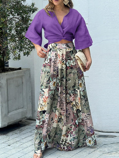Shirt and Printed Wide-leg Pants Sets