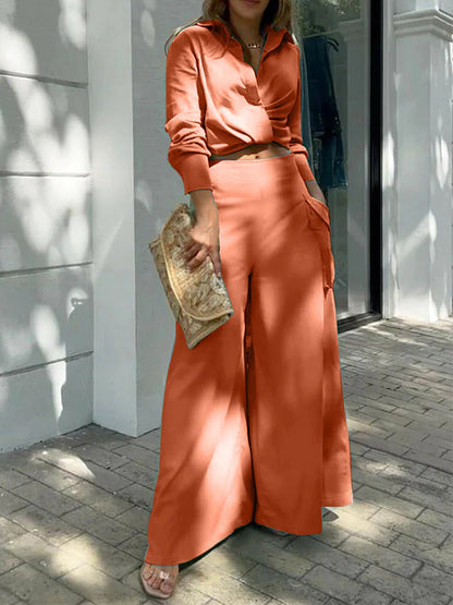 Long Sleeves Shirt and Pockets Wide-leg Pants Sets
