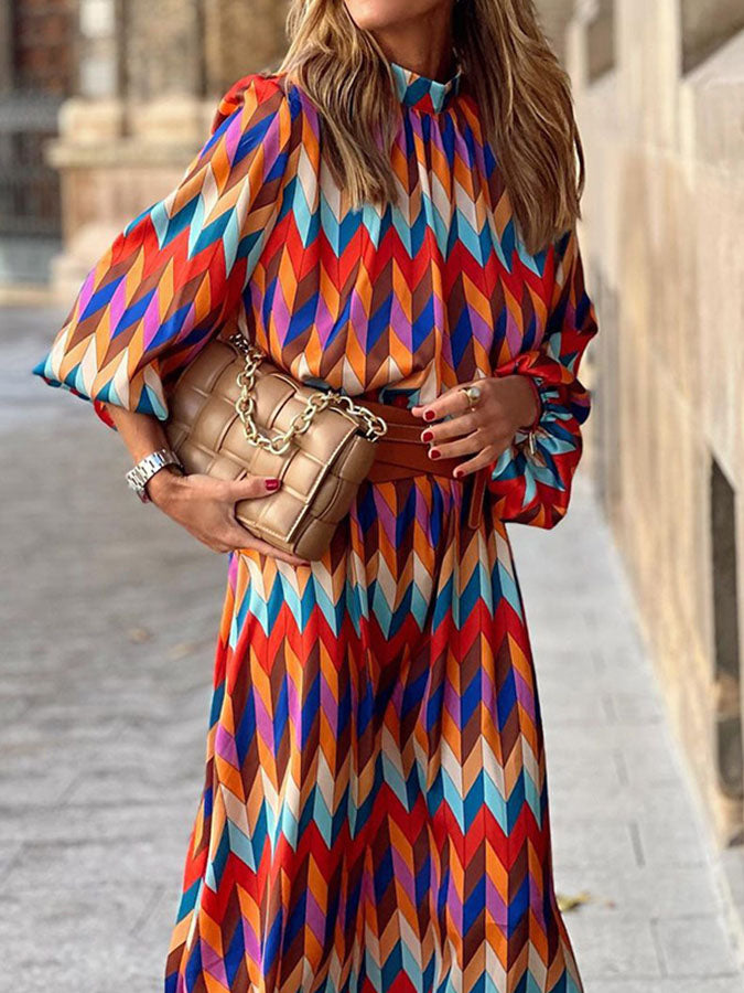 Long Sleeves Geometric Printed Maxi Dress