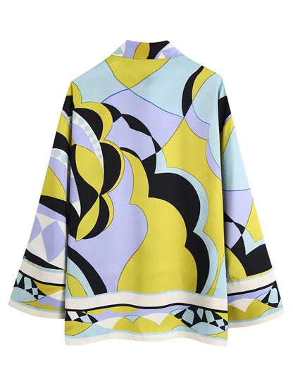 Long Sleeves Geometric Printed Blouses and Pants Sets