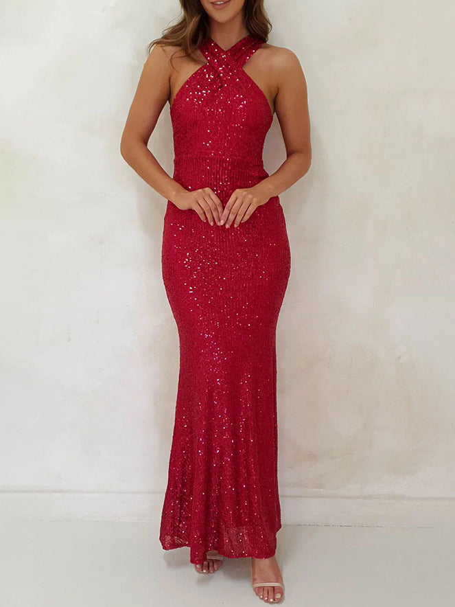 Backless Sleeveless Sequined Long Dress