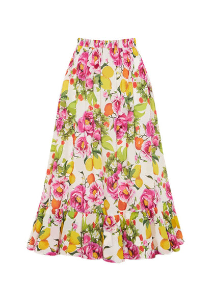 Flower Print Bikini Suit With High Waist Skirt