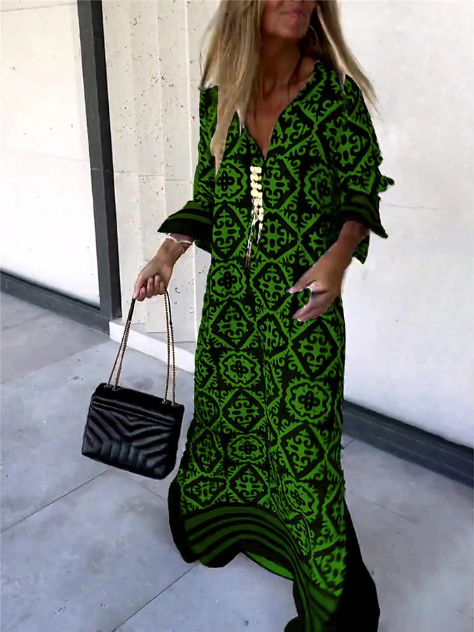 Long Sleeves Geometric Printed Maxi Dress