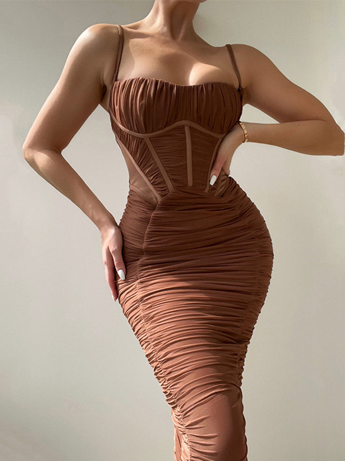 Backless Tight Pleated Maxi Dress