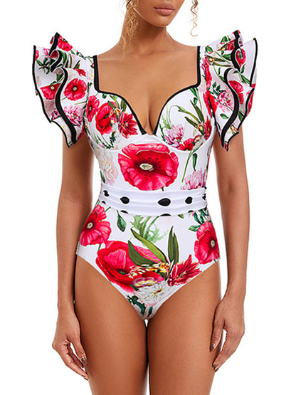 Rose Printed One Piece Swimsuit and Skirt