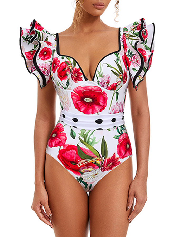 Rose Printed One Piece Swimsuit and Skirt