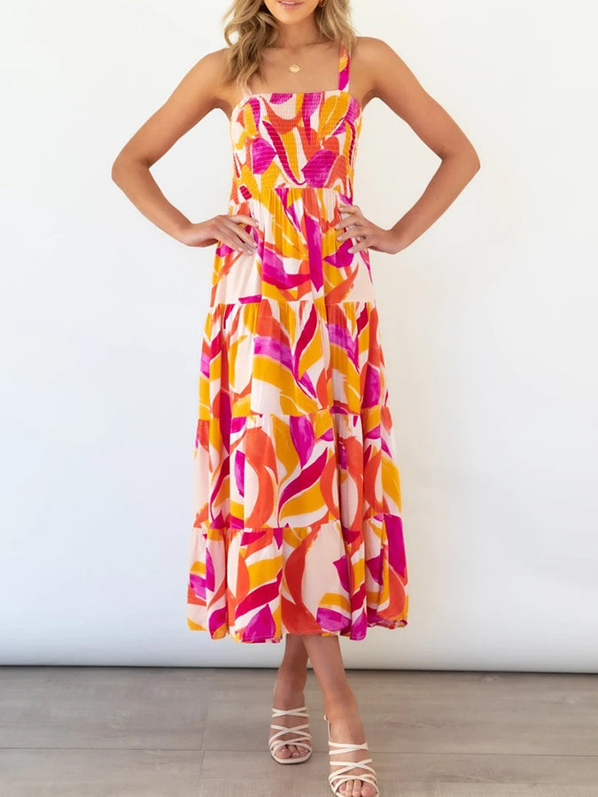 Leaves Printed Tie-shoulder Sleeveless Holiday Maxi Dress
