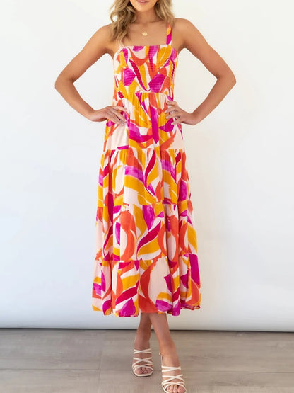Leaves Printed Tie-shoulder Sleeveless Holiday Maxi Dress
