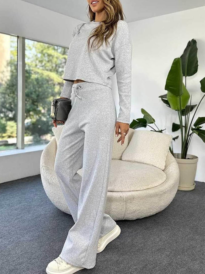 Round Neck Knitted Long Sleeved Top With Elastic Waist Pants Set