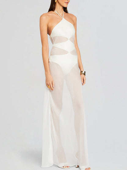 White Halter Cut-out One Piece Swimsuit and See-through Maxi Dress