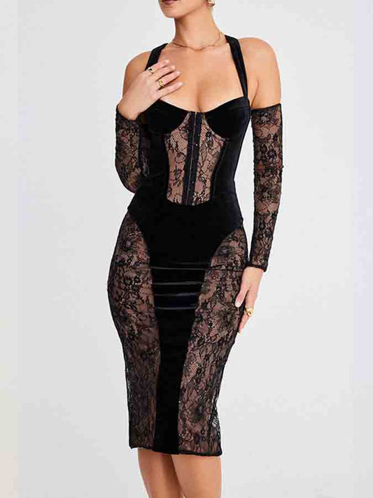 Lace Paneled See-through Slim Midi Dress